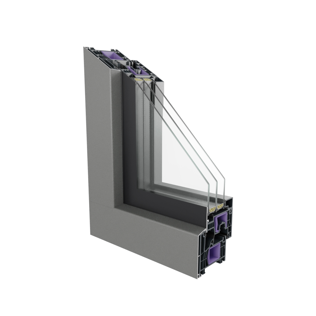 Sección del sistema híbrido H8 AluGlass con aluminio integrado en el exterior.